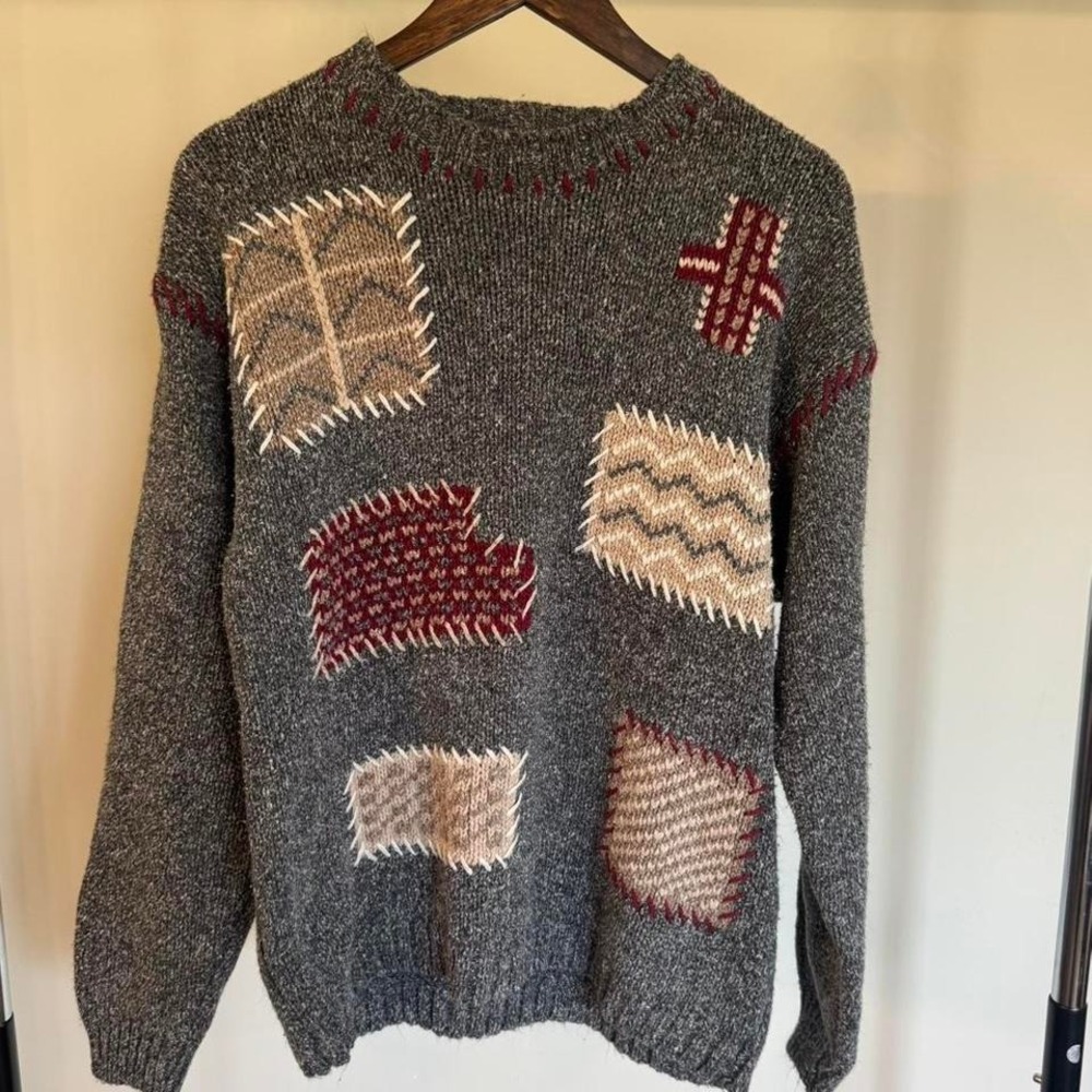 62 East Gray Sweater with Tan and Red Patches Size Medium Vintage 90s Retro Cozy